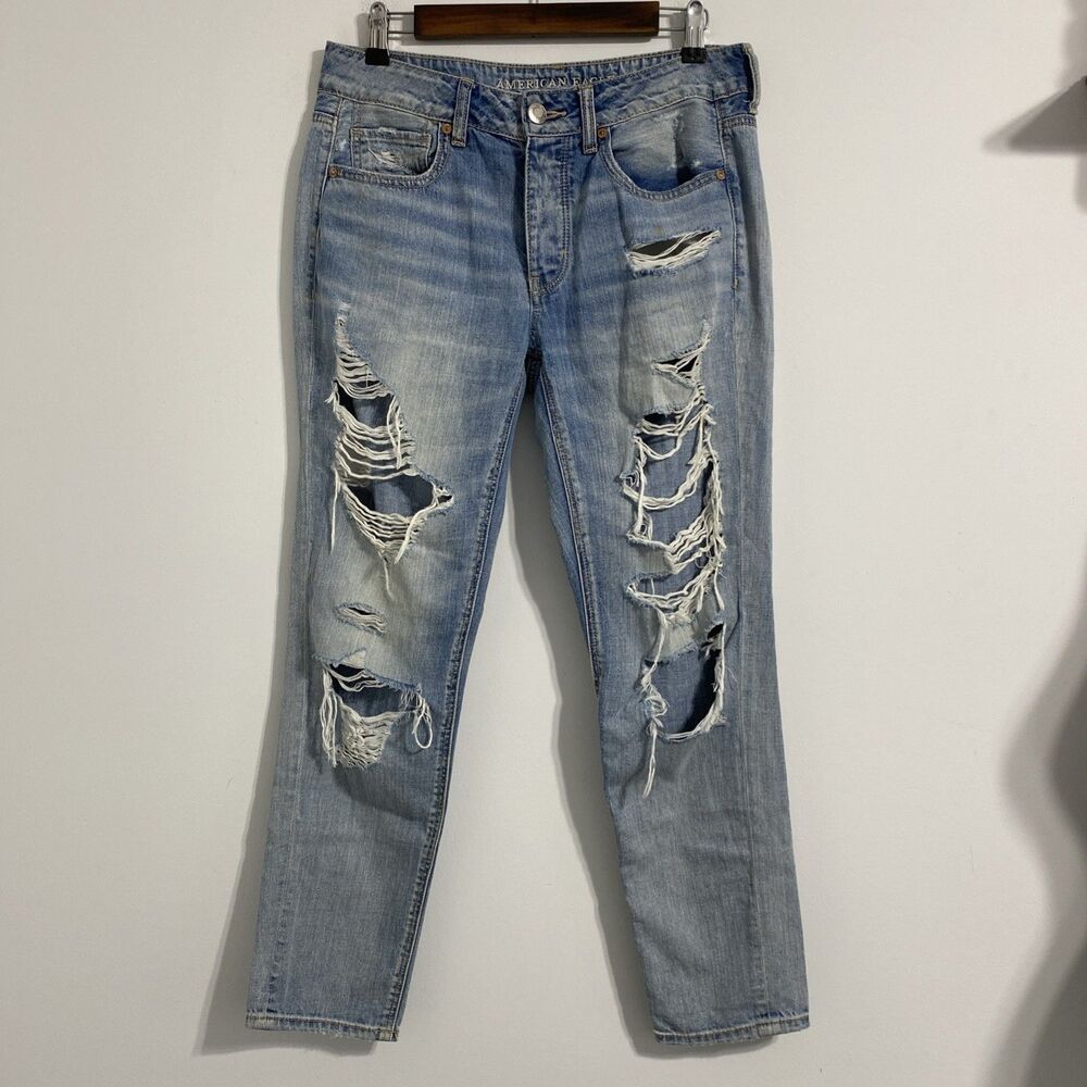 American Eagle Jeans Women's 6 Blue Tomgirl Ripped Distressed Destroyed Trashed